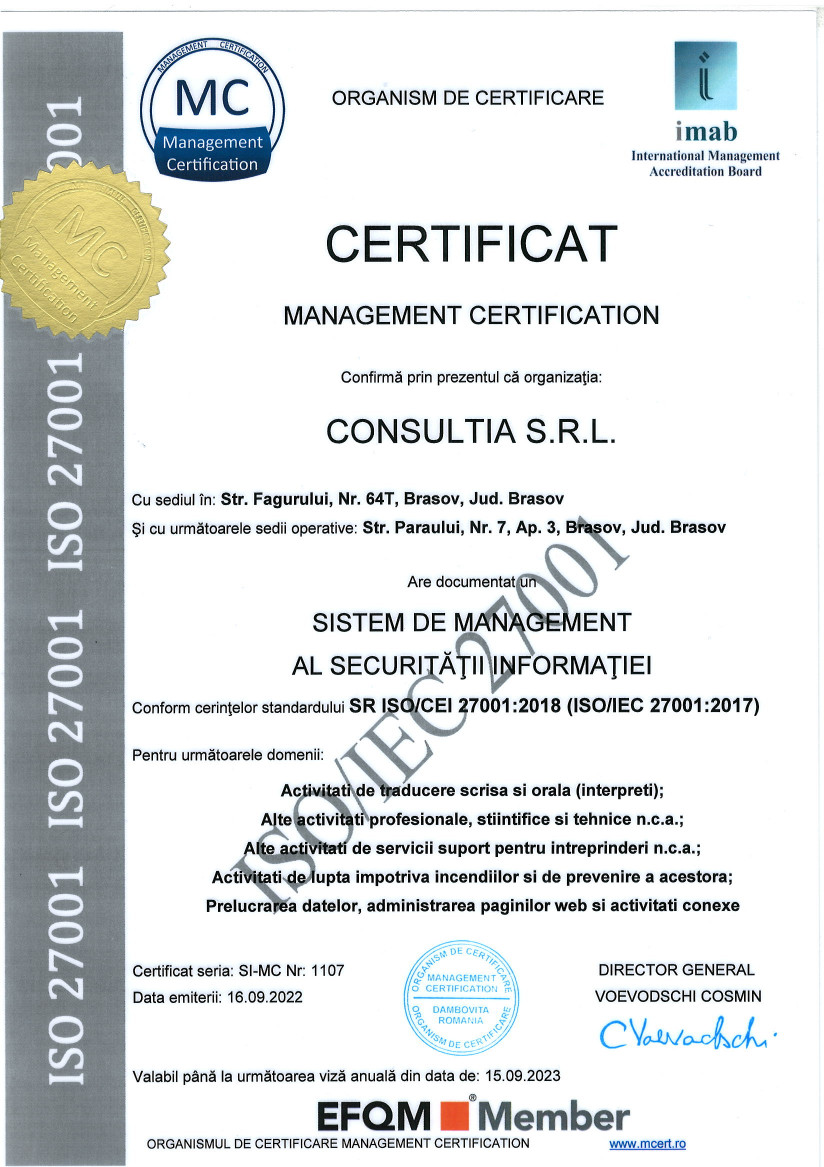 Certificat securitate cibernetica CONSULTIA SRL